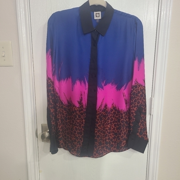 ANNE KLEIN BLUE PINK MULTI PRINT Button Down Blouse Top Shirt Womens  14 - Picture 7 of 9